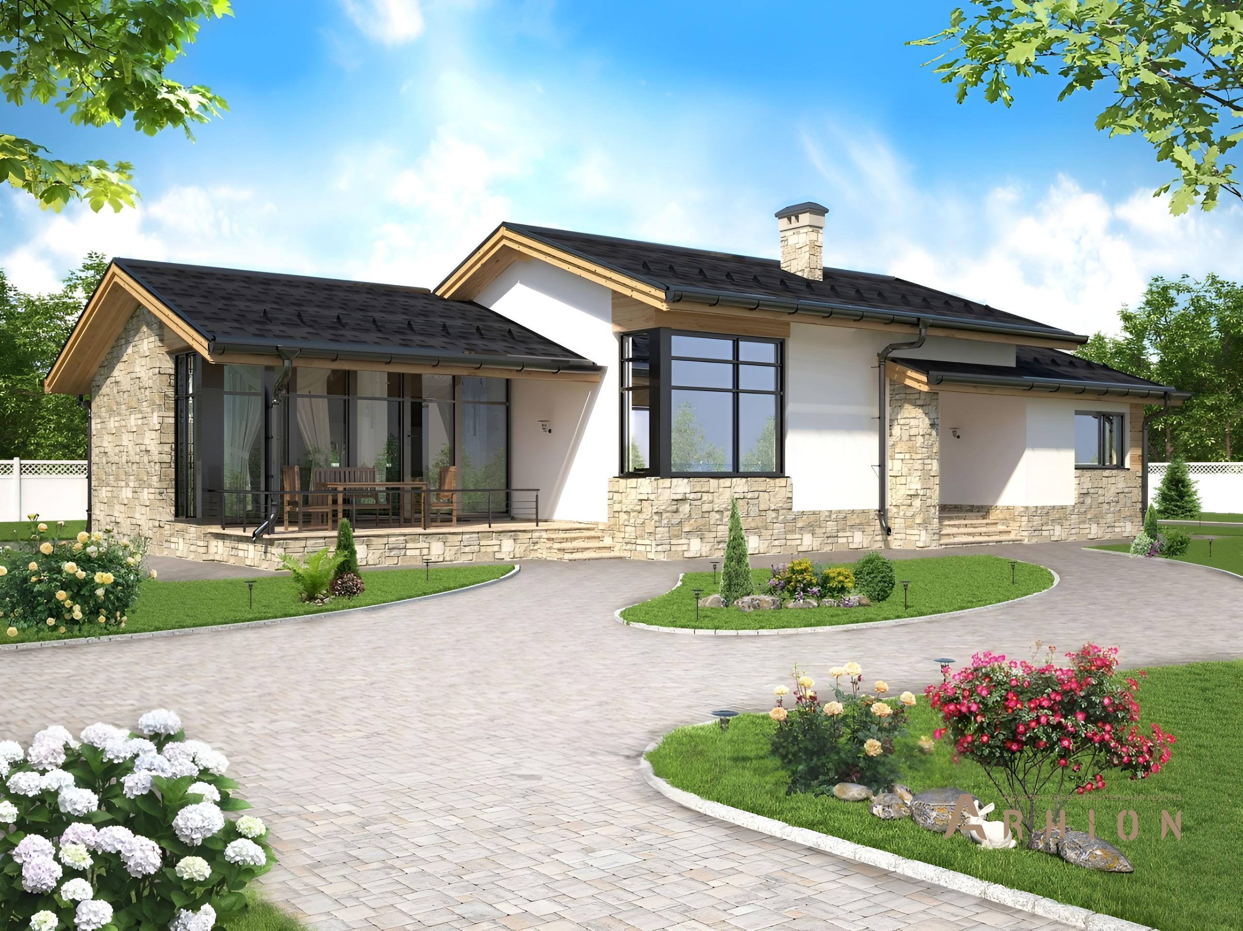 4. Проект одноэтажного дома в альпийском стиле с двускатной кровлей, cp-60-81, площадью - 268 кв c сауной, терассой